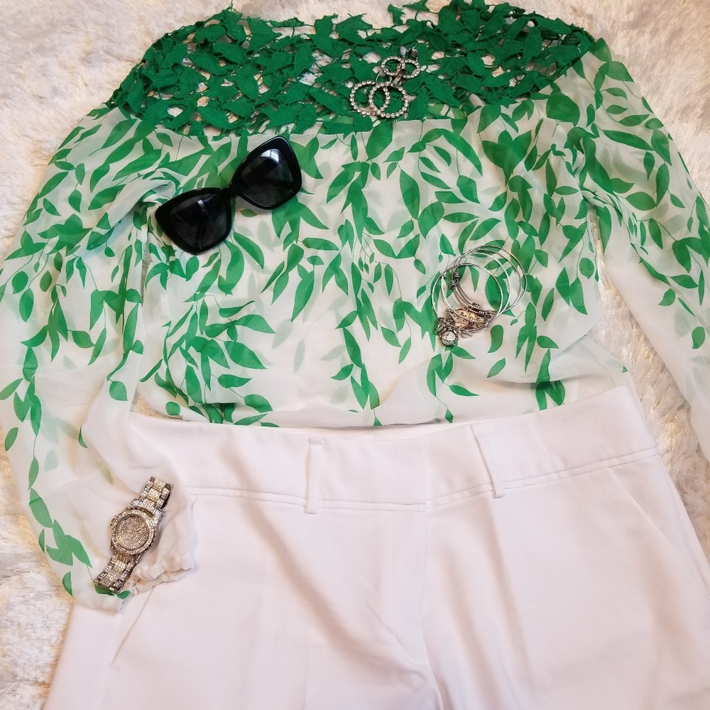 Green lace summer sheer blouse